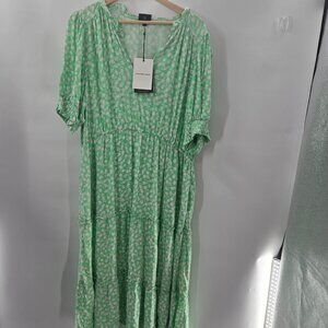 Who Wear What Green White Prairie Floral Cottagecore Tiered Maxi Dress XXL